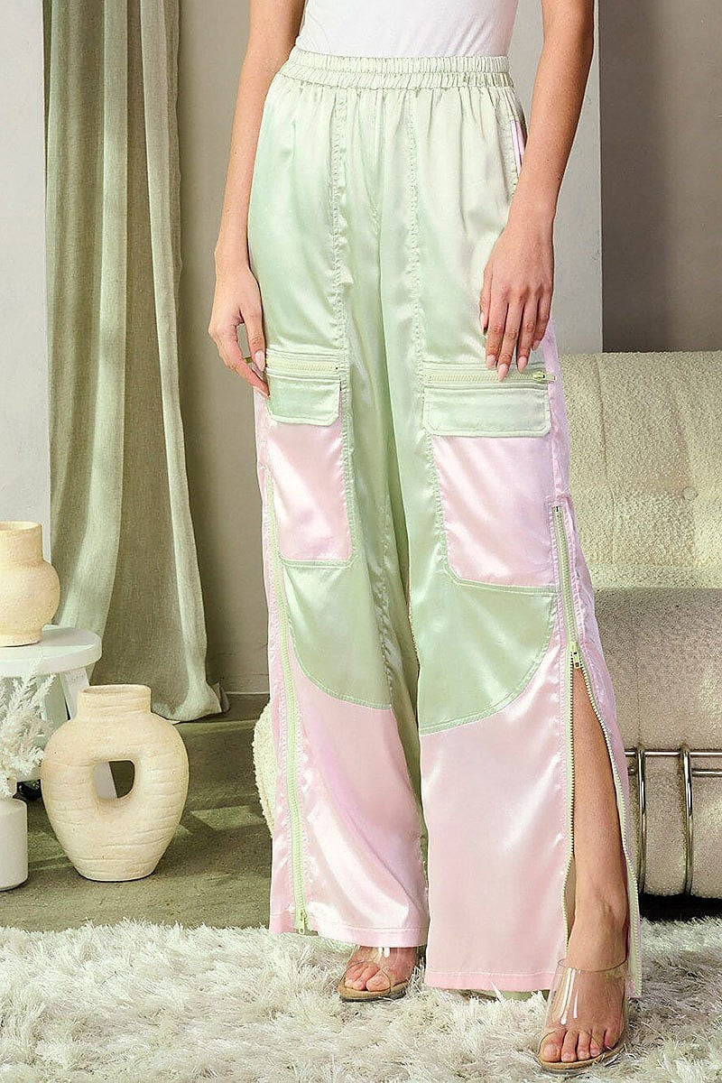 Pockets colorblock zipper detailed wide leg pants (EFWT8864)