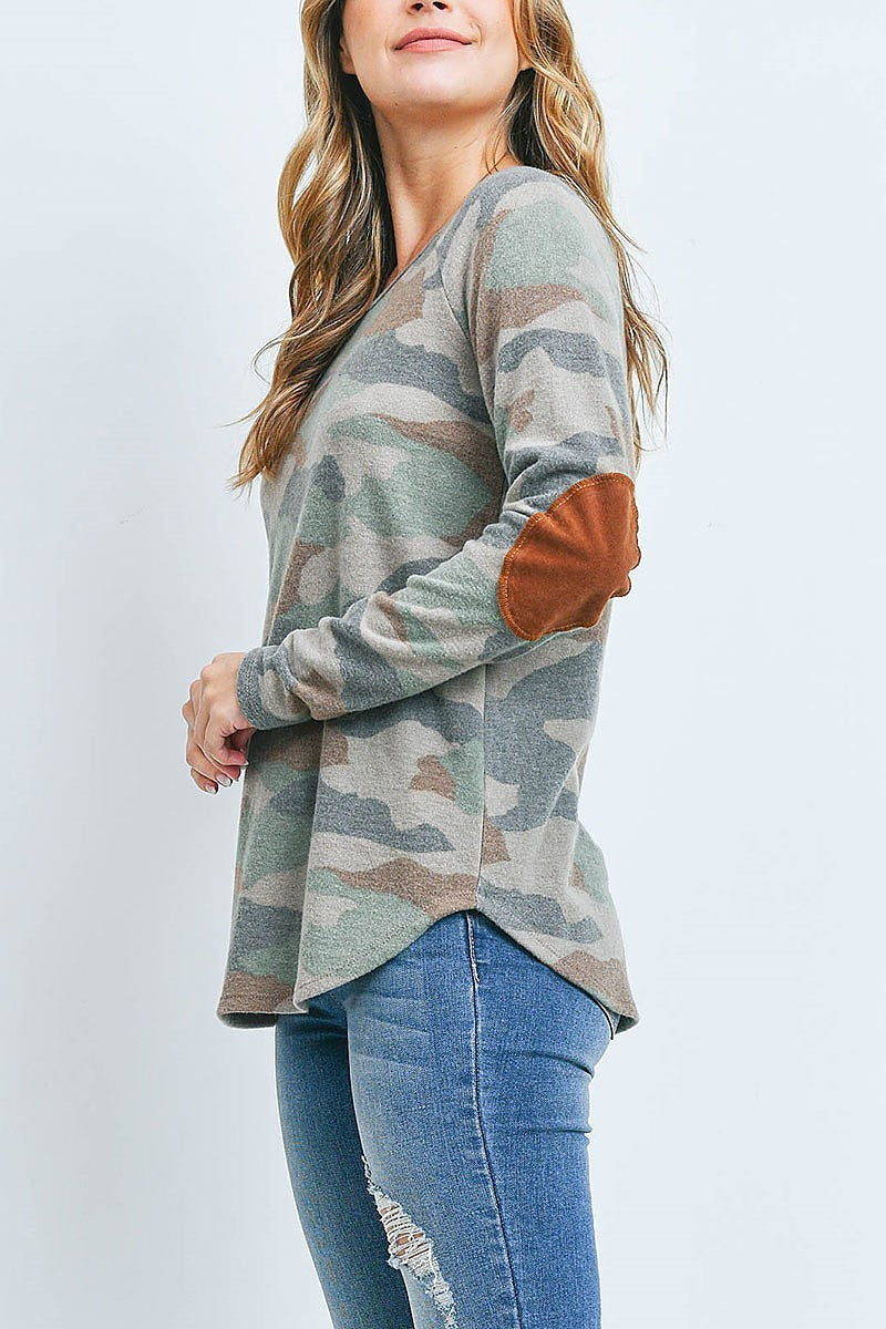 Suede elbow patch long sleeve camo top (EF2538)