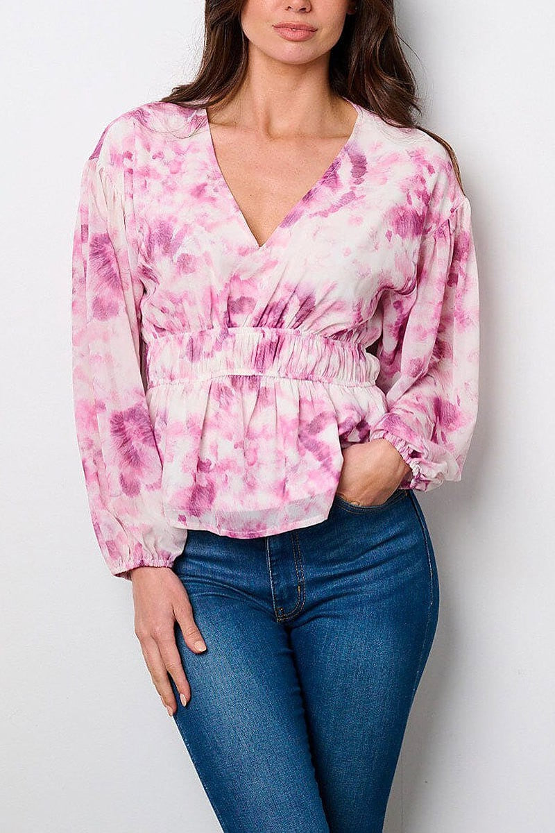 Long sleeve v-neck peplum tie dye blouse top (EFWT9124)