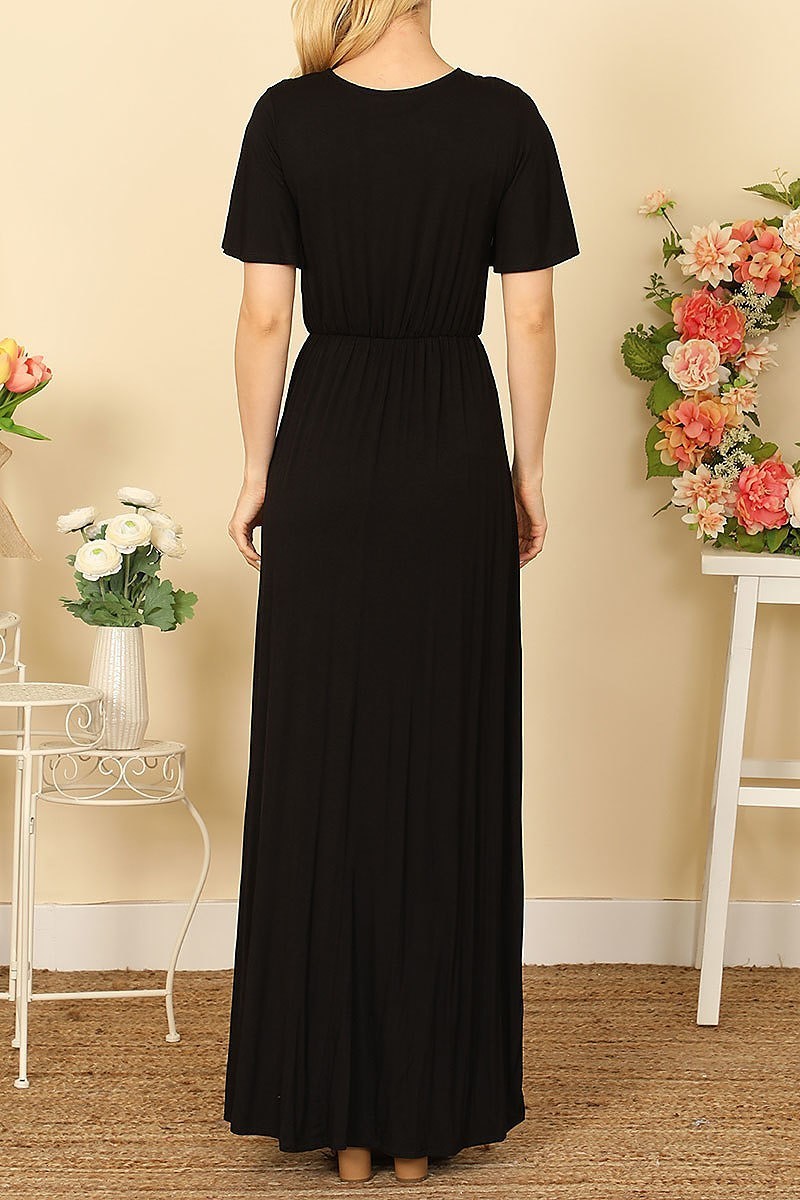 Bell sleeve surplice neck pleated waist maxi dress (DED9443)