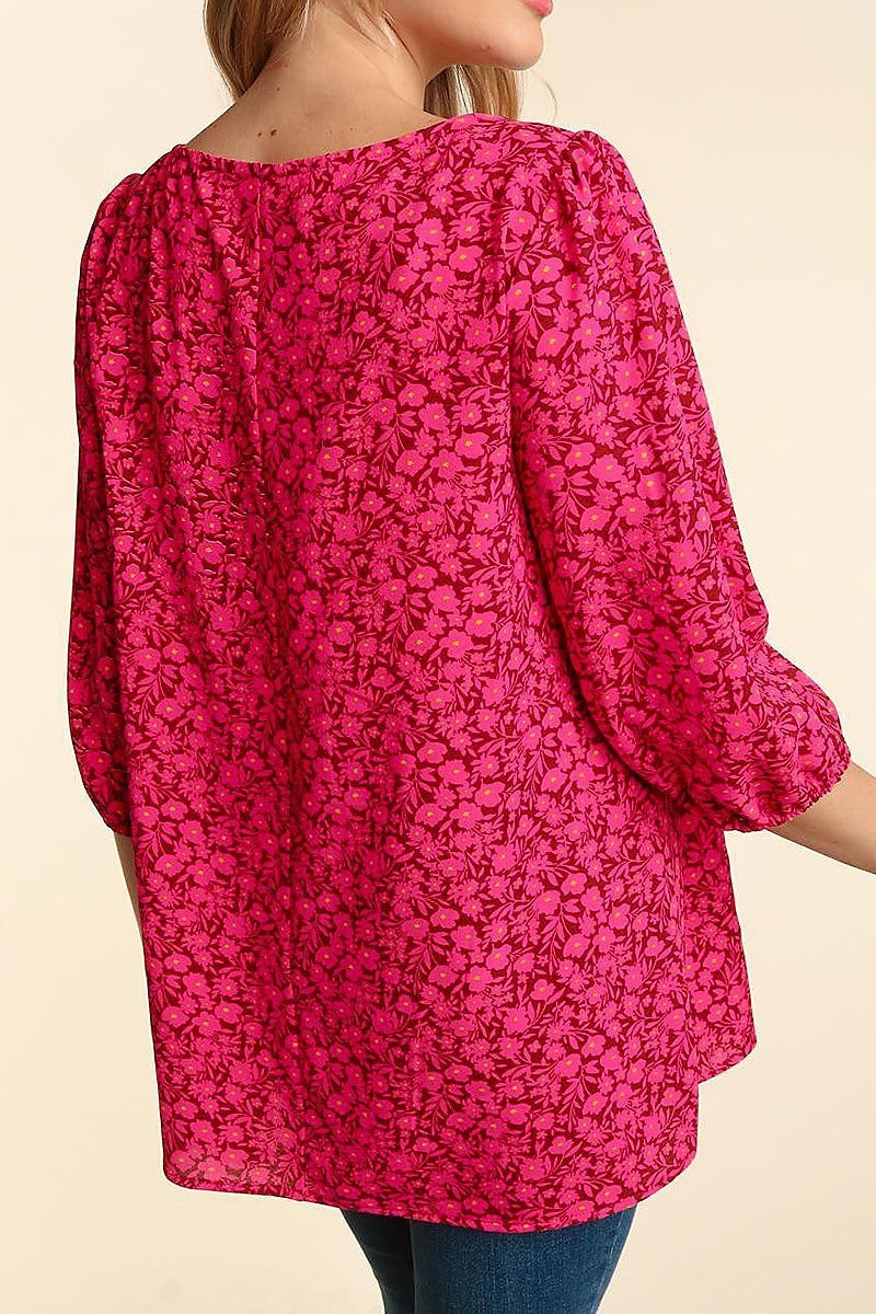 Three quarter sleeve small floral woven top (ETBM4428)