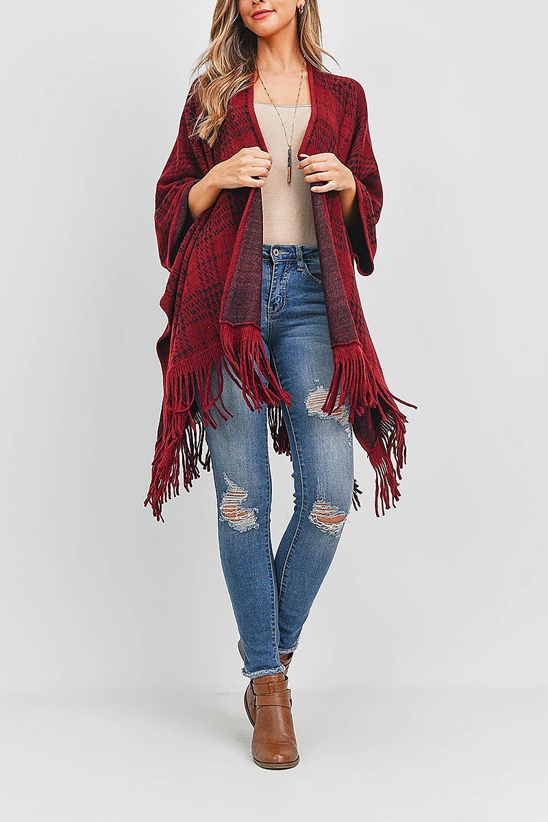 Buffalo plaid fringe open front kimono (DGS5339)