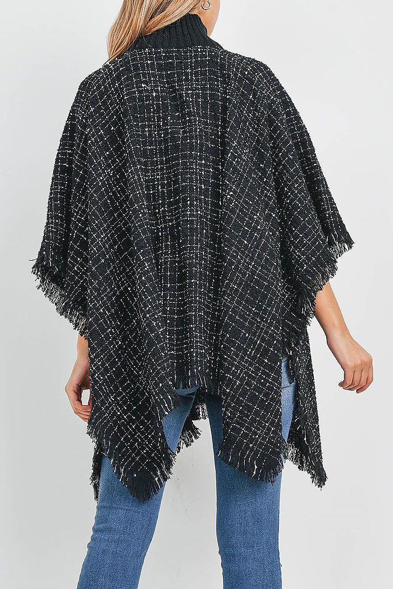 Knit fringe w zipper warm kimono poncho (DGS5301)