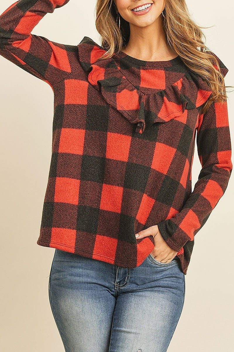 Brushed plaid ruffle detail long sleeve top (EF7893)