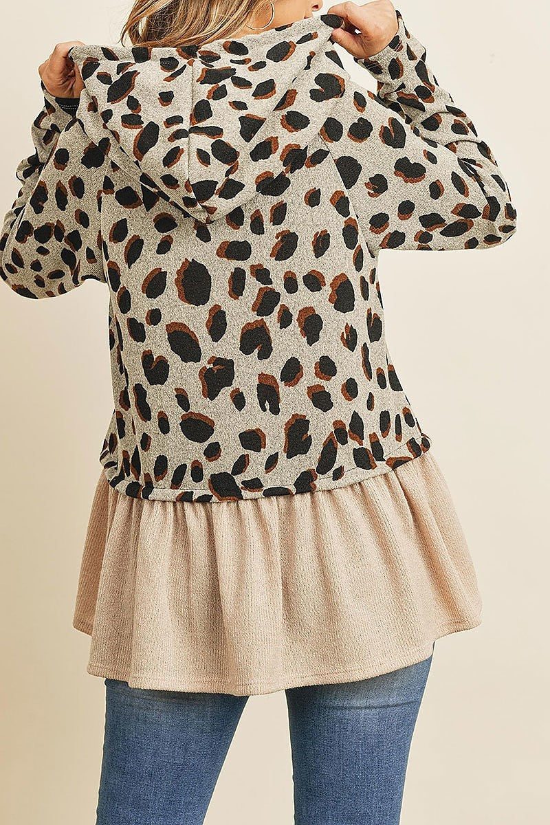 Leopard solid cinch ruffle hem hoodie with self tie (ED8321)