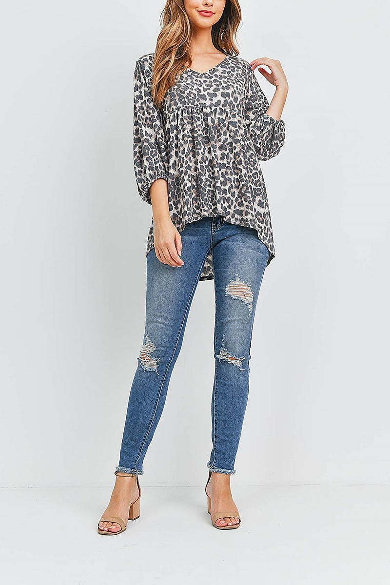 Quarter sleeve v neck leopard hi low top (EF1858)