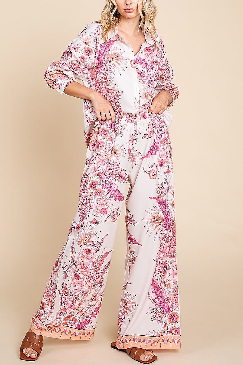 Floral button down shirt and wide leg pants set (EDH1541)