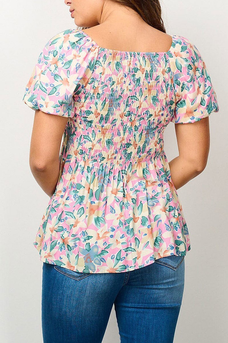 Short puff sleeve smock floral blouse top (EFWT6582)