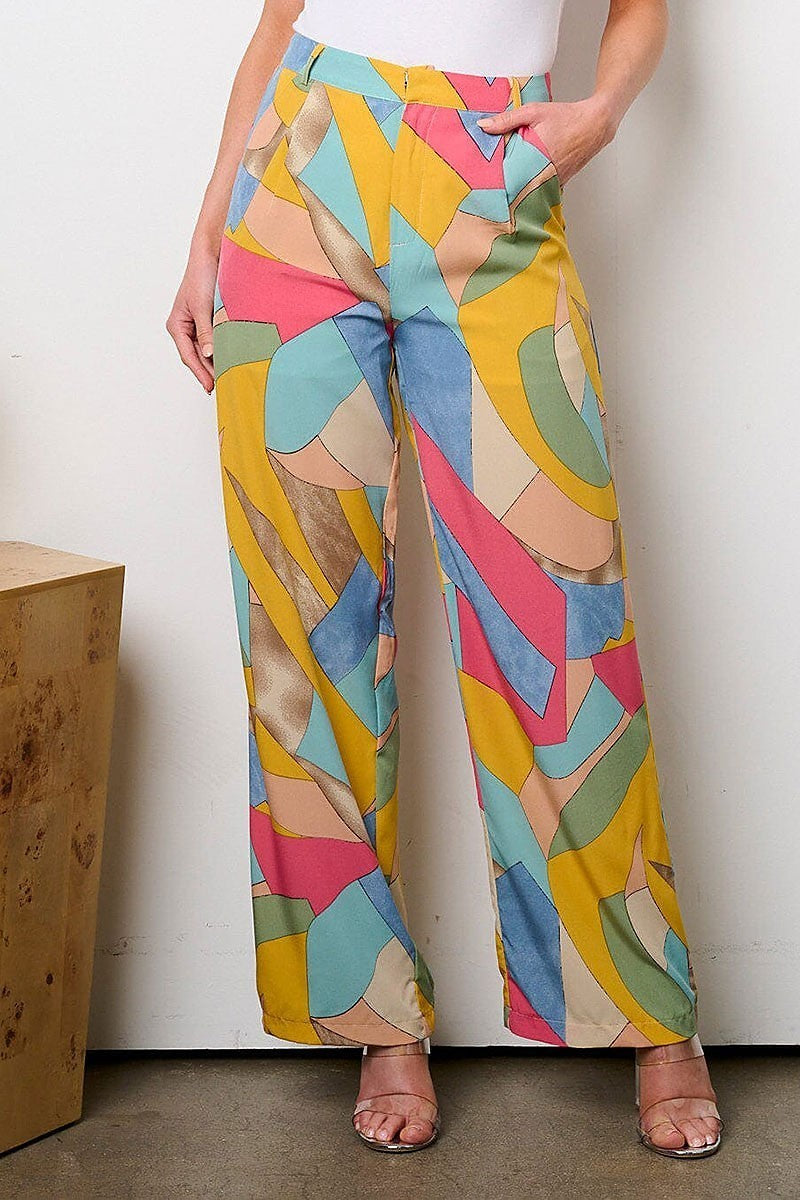 Button closure pockets multi print wide leg pants (EFWT9379)