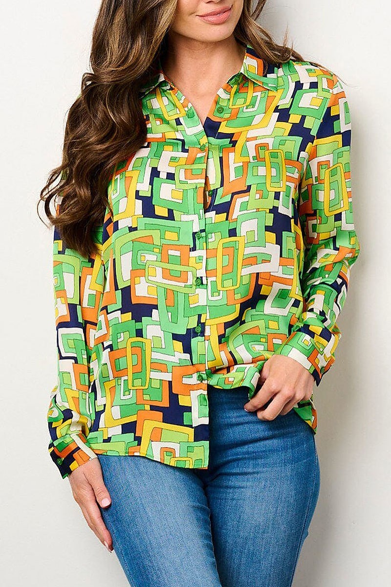 Long sleeve button up multi print blouse top (EFWT9090)