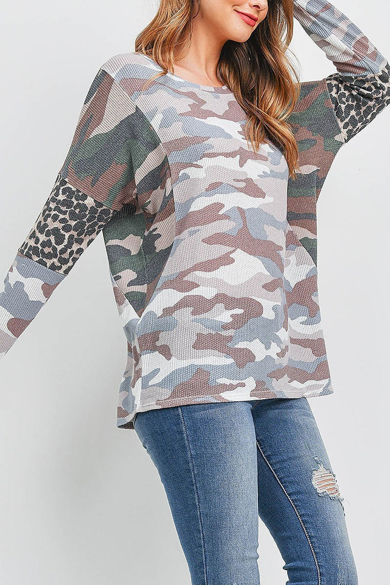 Camouflage leopard elbow long sleeve top (EF1875)