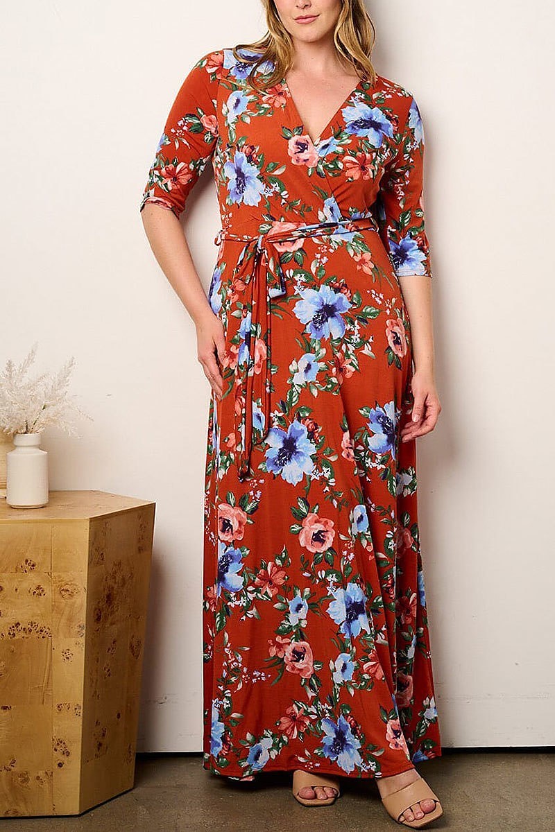 Short sleeve self tie surplice floral maxi dress (EFWT9026)