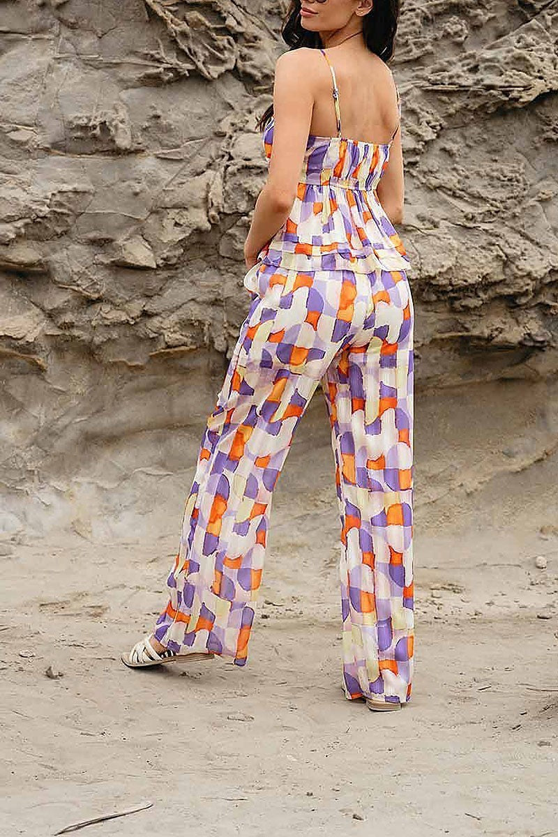 Blouse and elastic waist pants multi print set (EFWT9918)