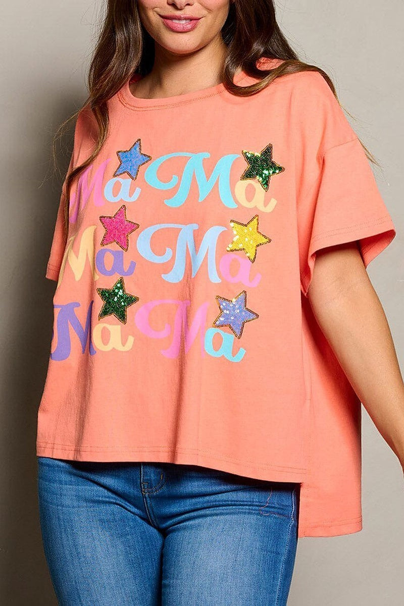 Short sleeve stars design high-low graphic top (EFWT9944)