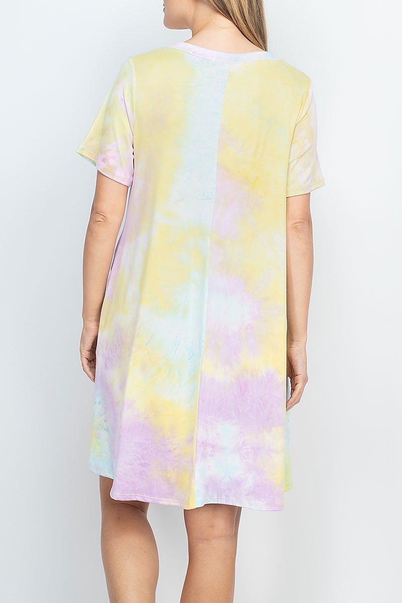 Tie dye v neck pocket swing dress (DED6476)