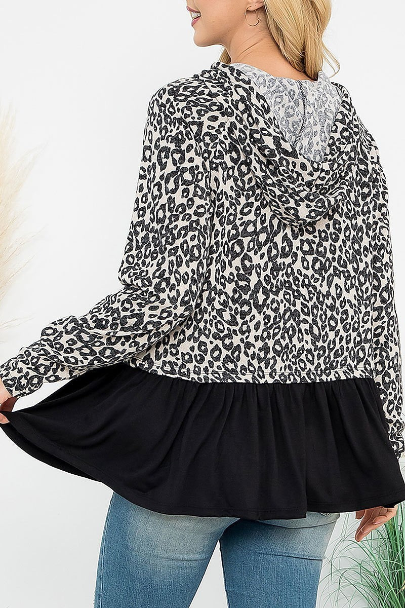 Solid hem animal print hoodie top (EF7033)