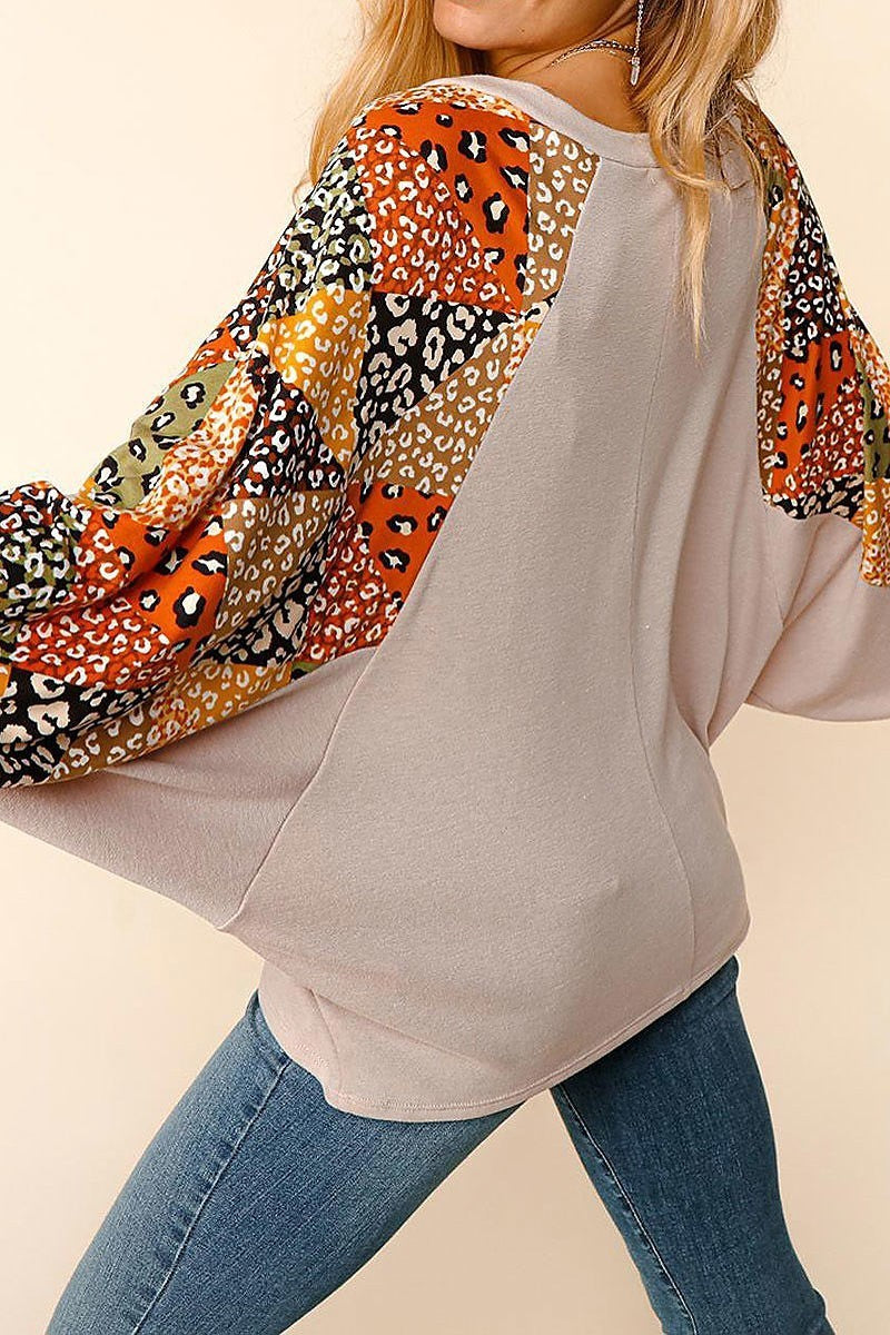 Dolman slouchy patchwork bubble long sleeve top (ETBM4028)