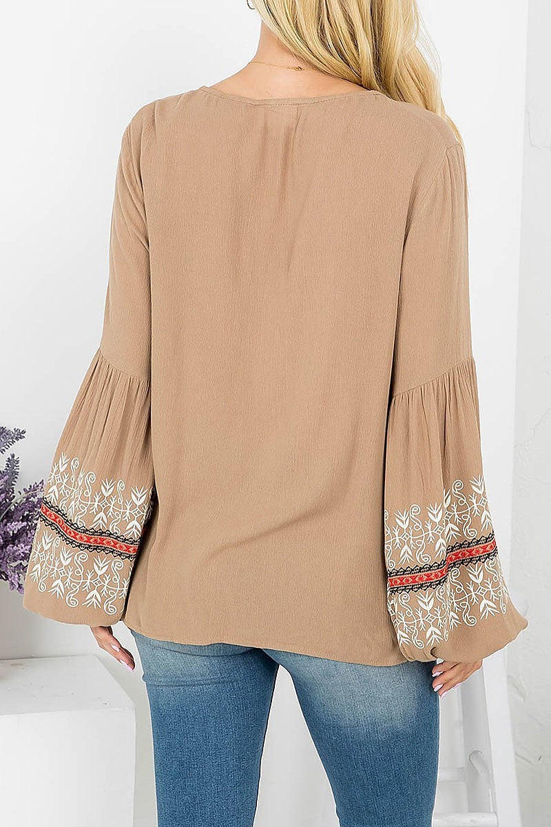 Embroidered detail bubble sleeve v neck top (EF4146)