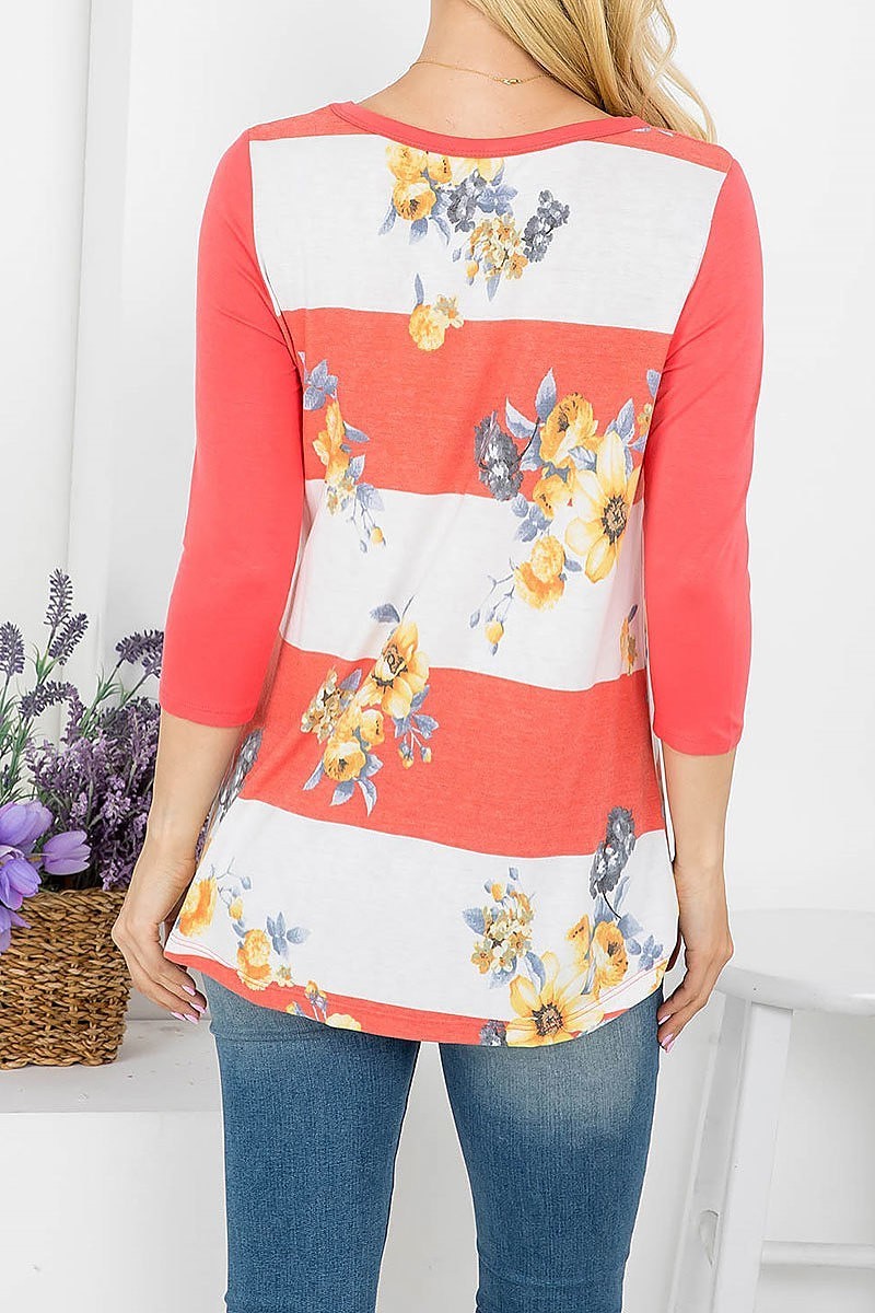 Button trimmed flroal stripe top (EF4156)