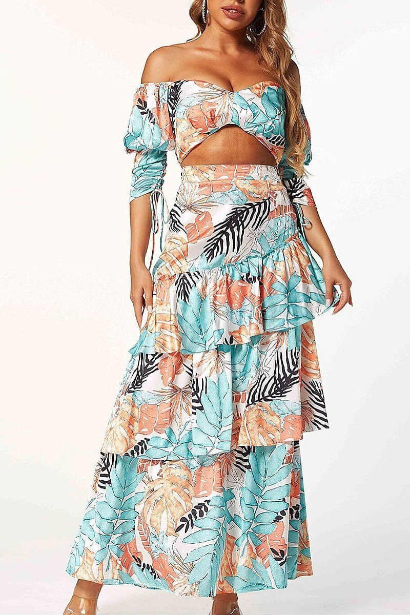 Crop top & maxi skirt ruffle leaf print set (EGWT1095)