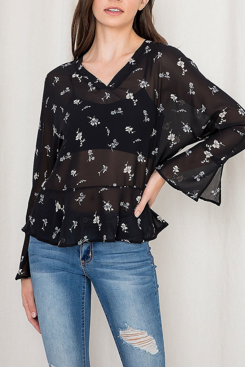 Bell sleeve floral print v neck sheer top (EF2671)