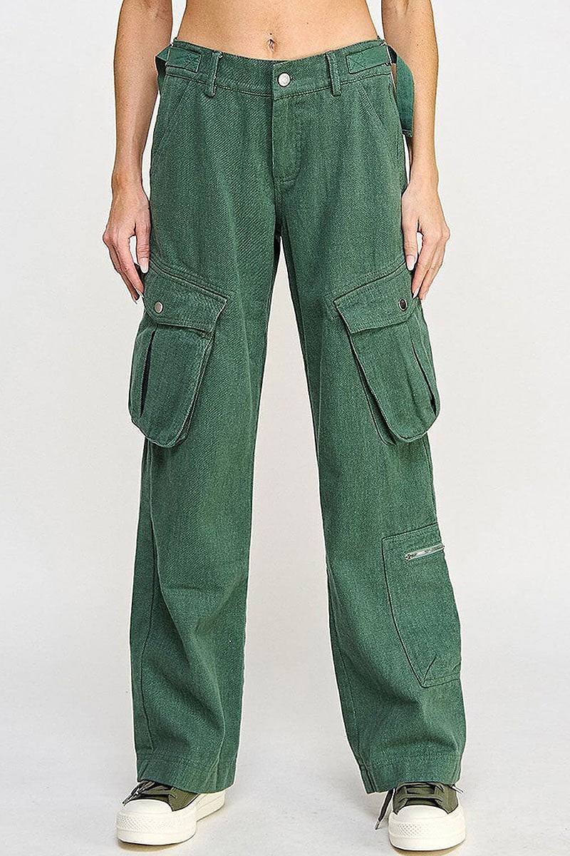 Button closure cargo pockets wide leg pants (EGWT2546)