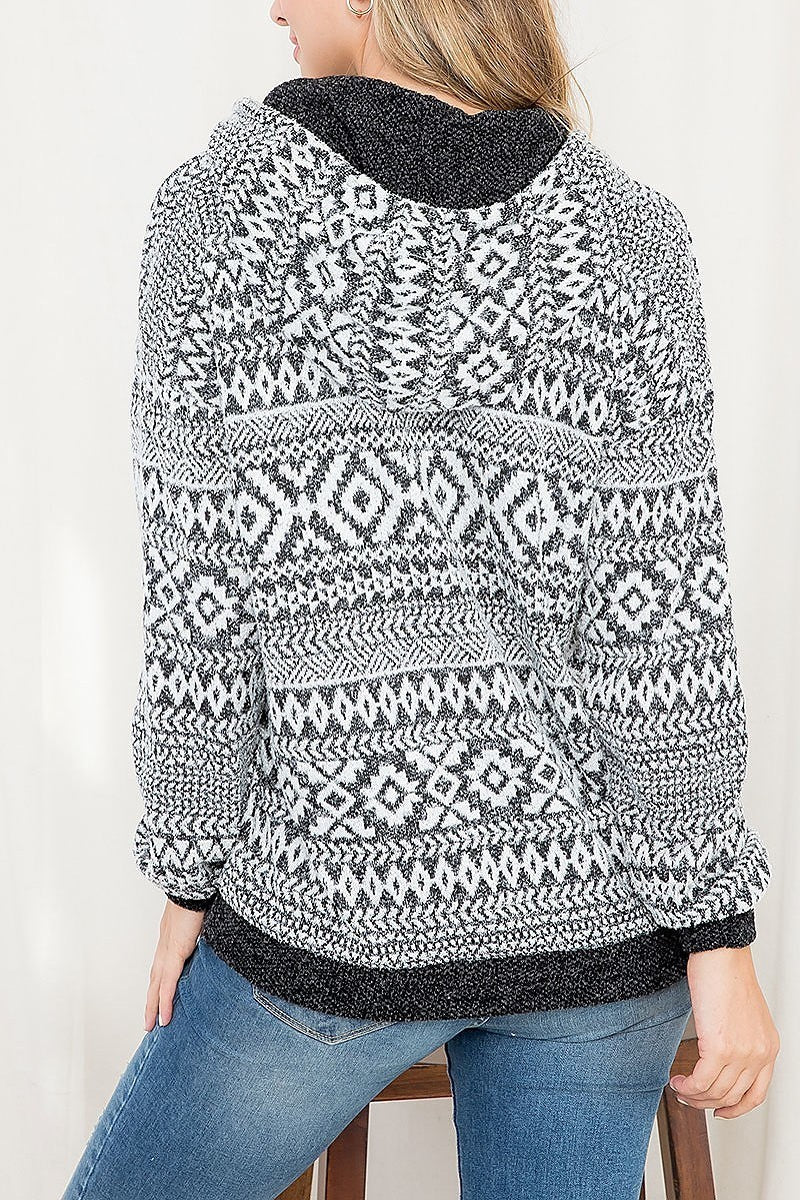 Aztec print long sleeve hacci brush hoodie (EF2823)