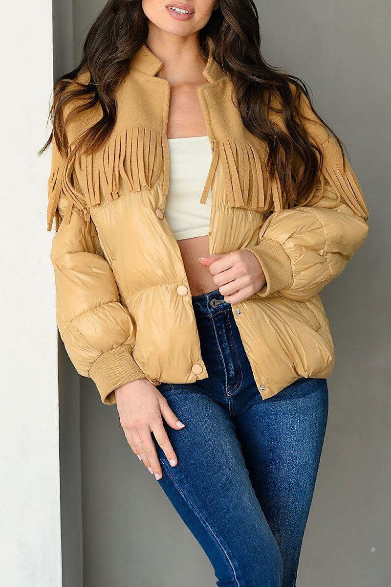 Long sleeve button up fringe puffer jacket (EDWT9442)