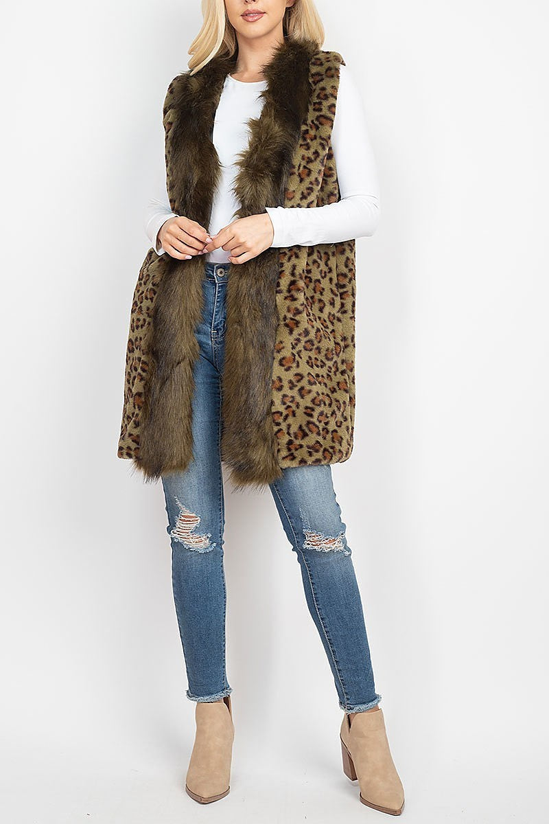 Leopard faux fur trim vest lined (DGS5306)