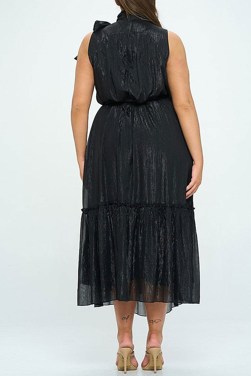 Sleeveless neck tie shimmer belted maxi dress (EGWT2178)