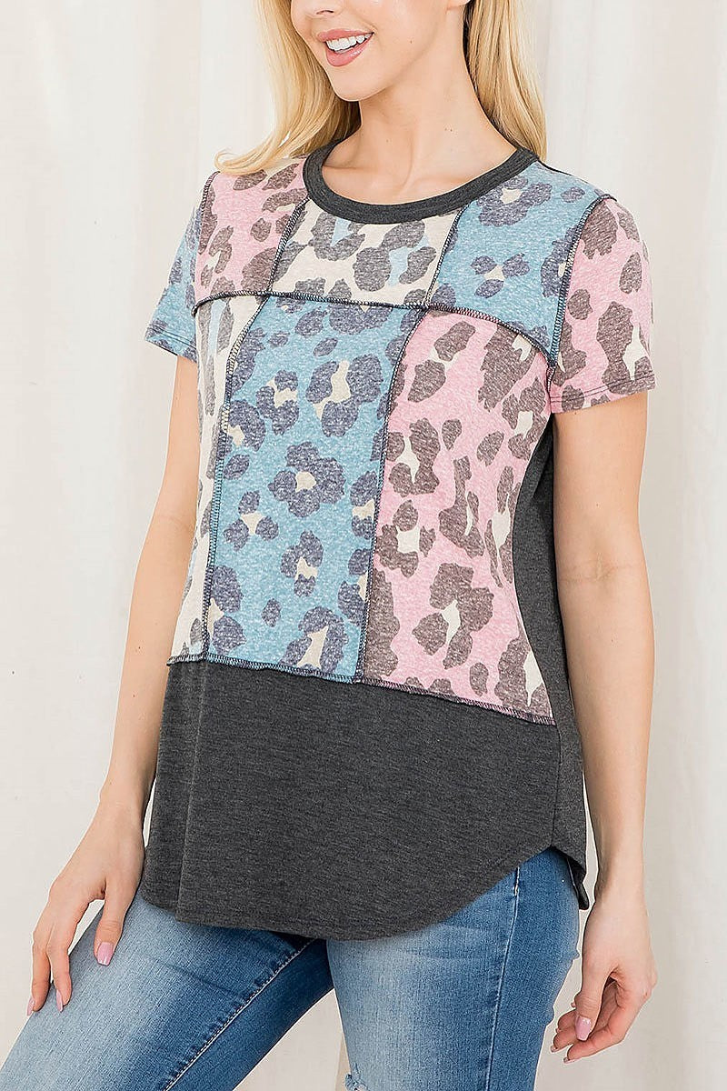 Color block leopard contrast reversed coverstitch top (EF3163)