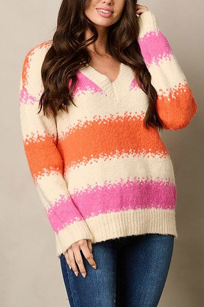 Long sleeve v-neck knit colorblock sweater (EFWT1929)