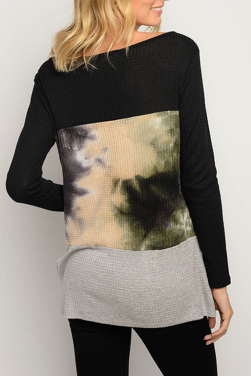 Tie dye color block long sleeve front tie top (EDWT3263)