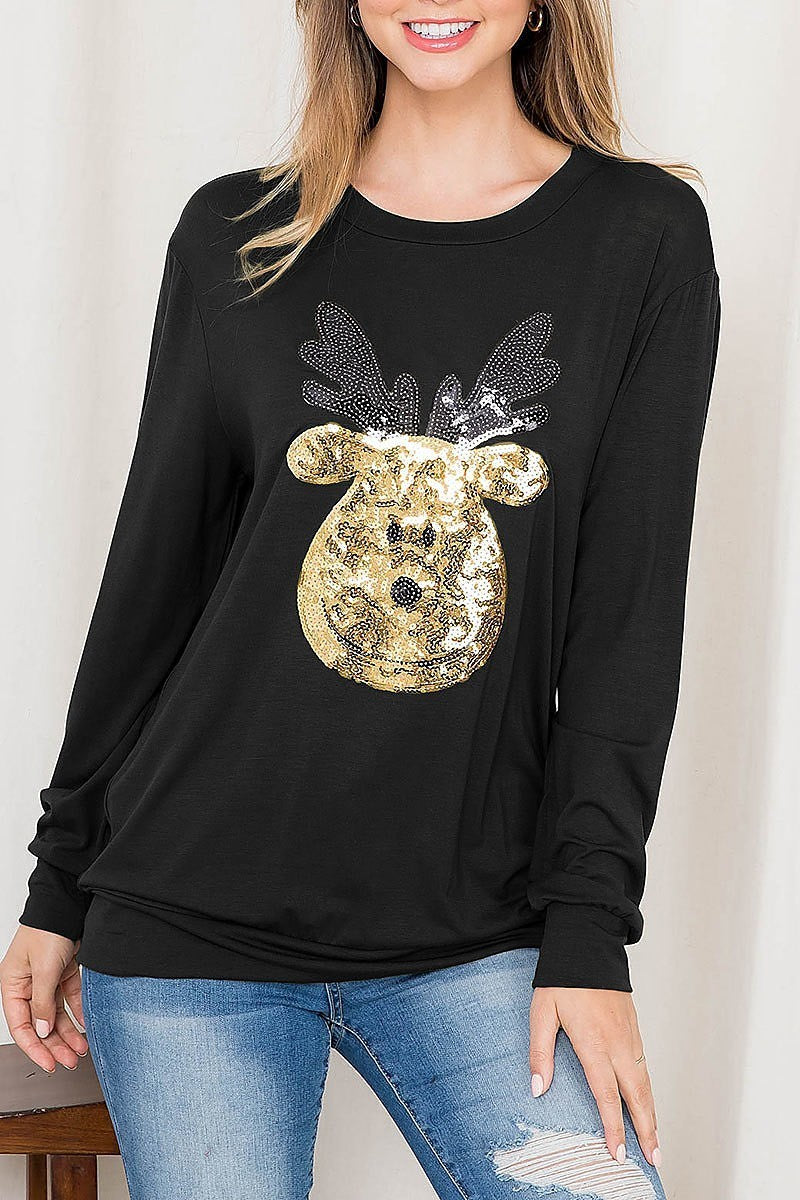 Sequin moose print long sleeve top (EF2700)