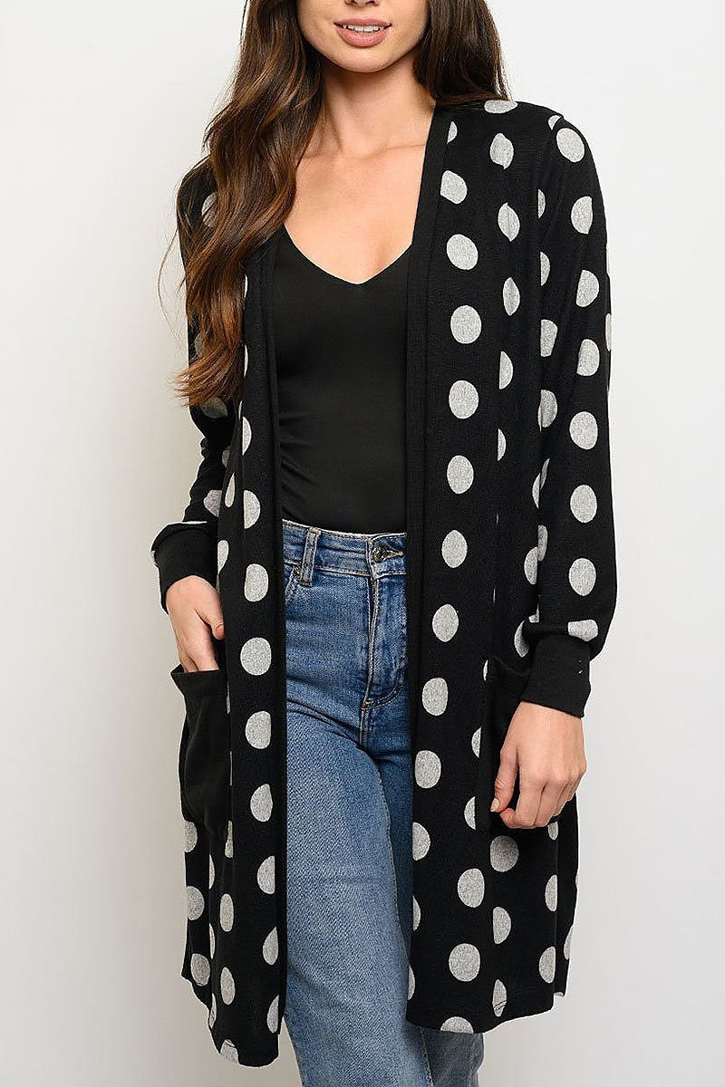 Long sleeve polka dots pockets cardigan (EDWT3725)