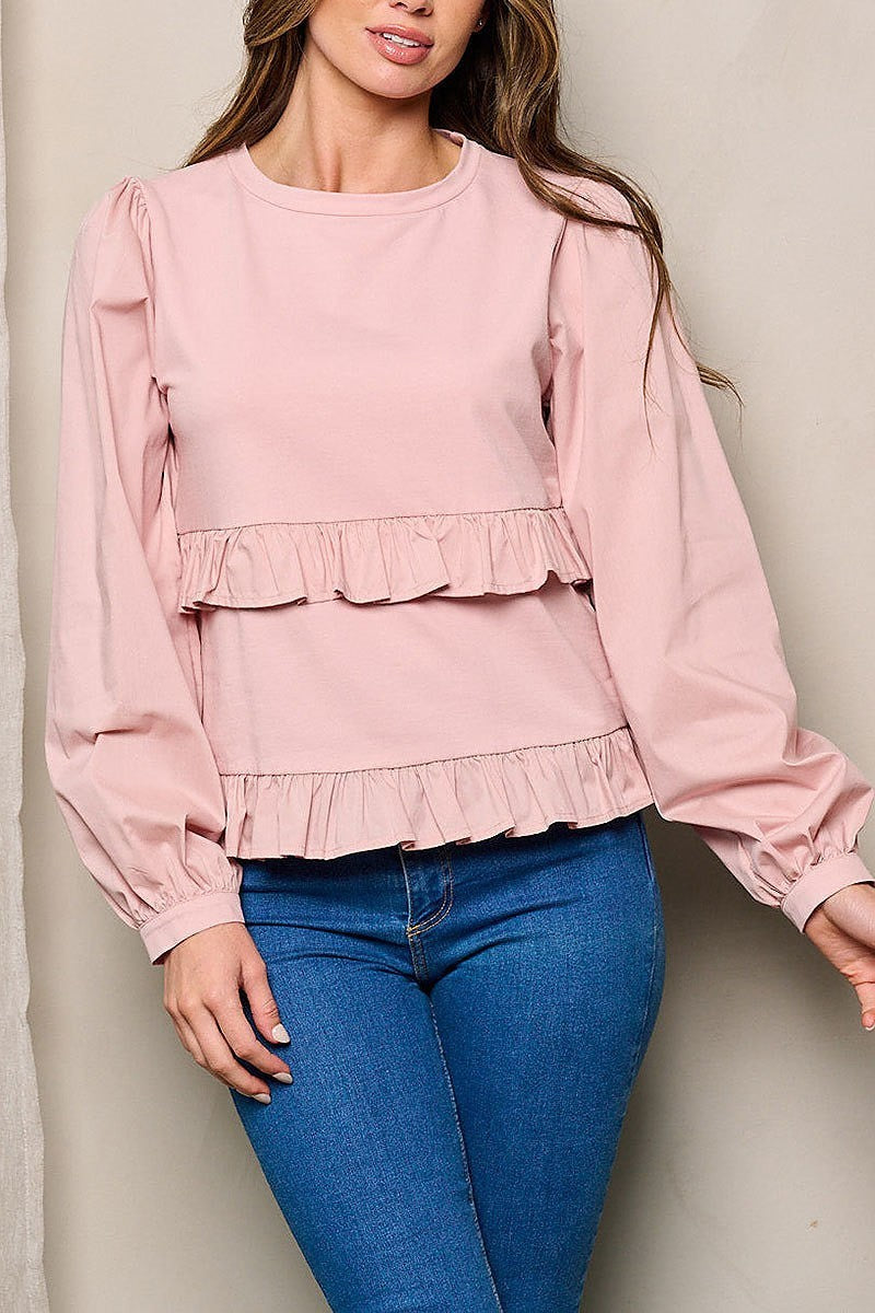 Long sleeves ruffle detailed top (EFWT4406)