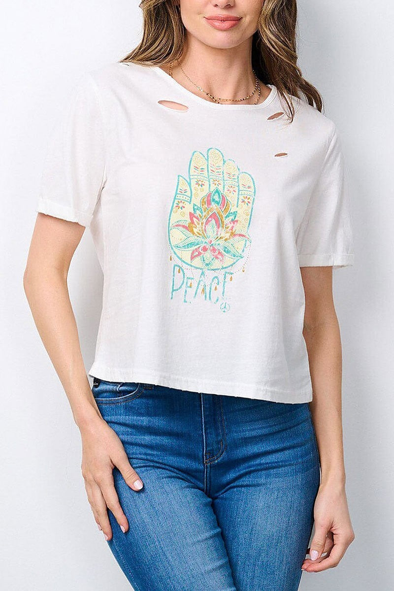 Short sleeve graphic distressed top (EFWT7185)