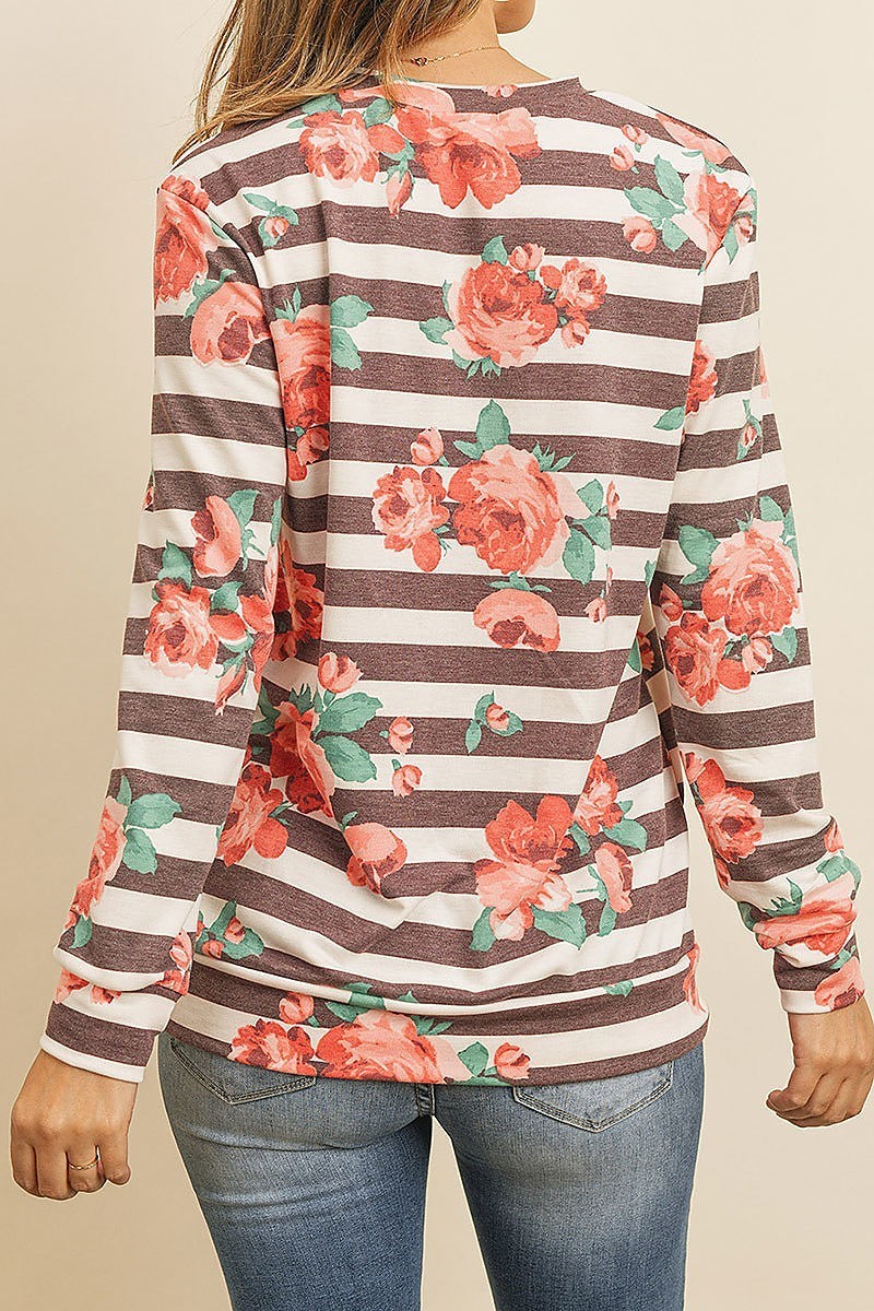 Floral stripe crew neck top (ED7784)