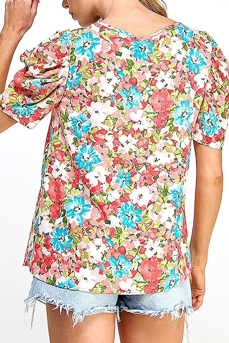 Pleated puff sleeve woven floral print (EF5828)