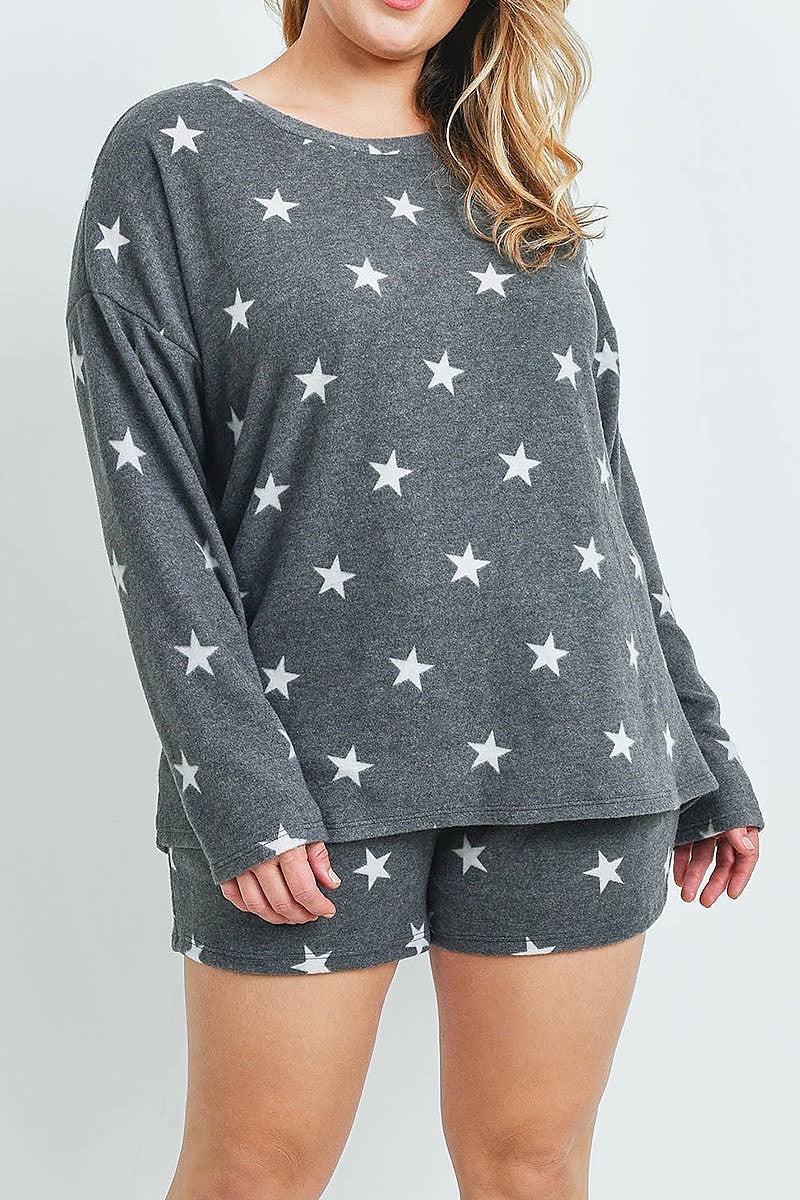 Long sleeves top and short plus size set star print with self tie (XDG7032)