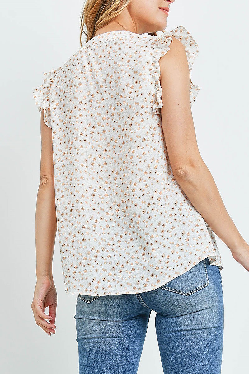 Notch neck ruffle cap sleeve floral top (EF1864)