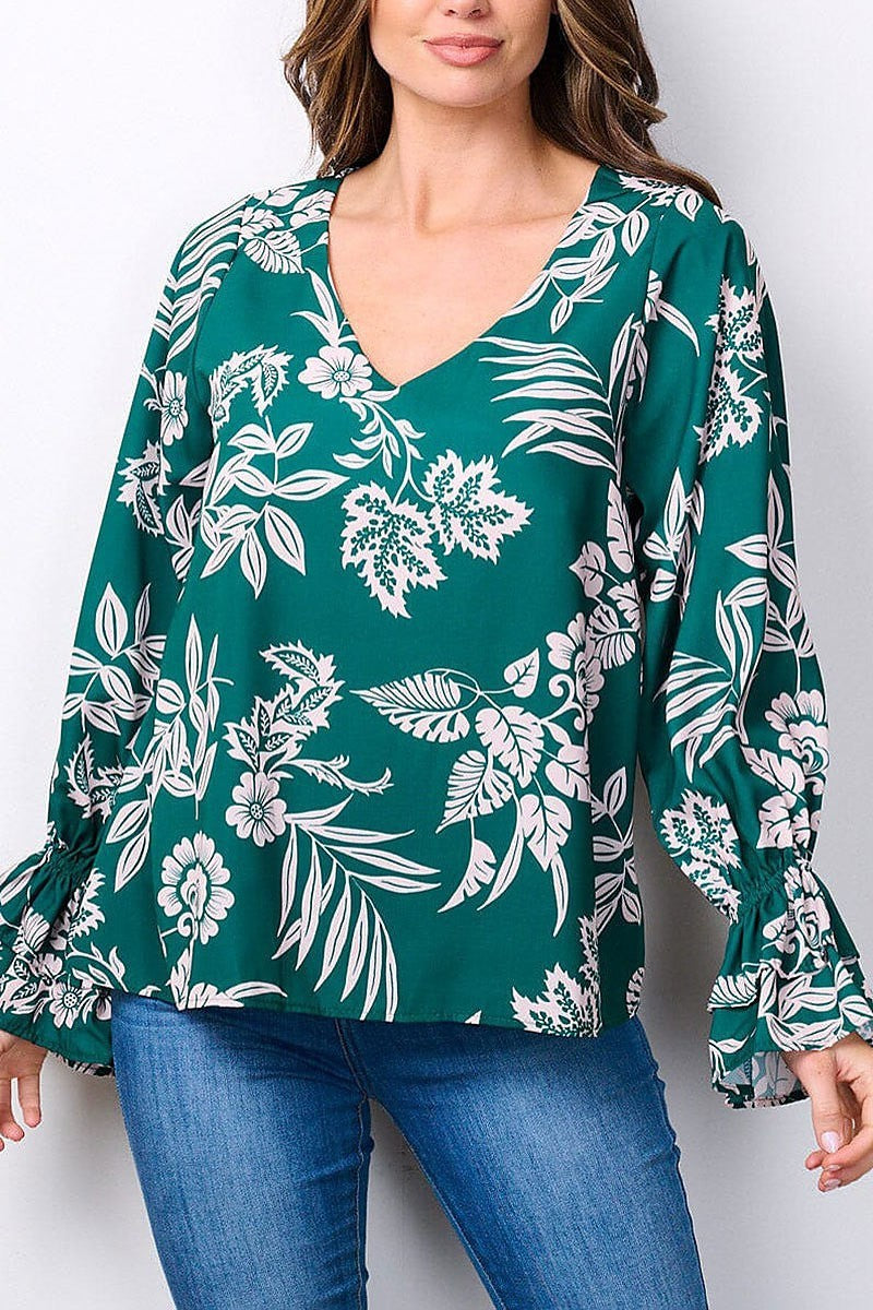 Long smock sleeves v-neck floral tunic blouse top (EFWT7482)