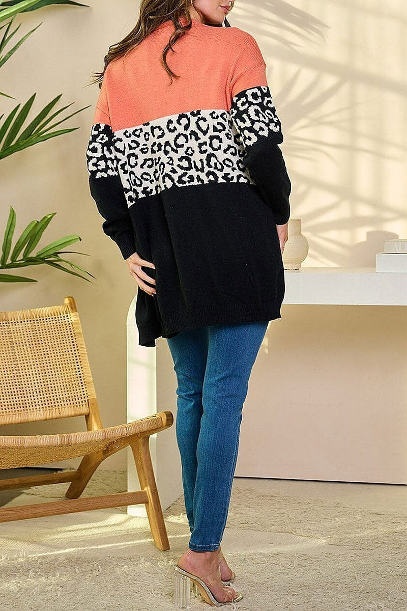 Long sleeve open front colorblock cardigan (EFWT6384)