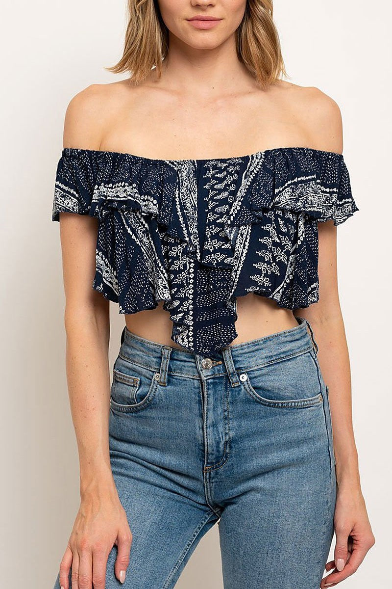 Off shoulder bandanna print crop top (EDWT2502)