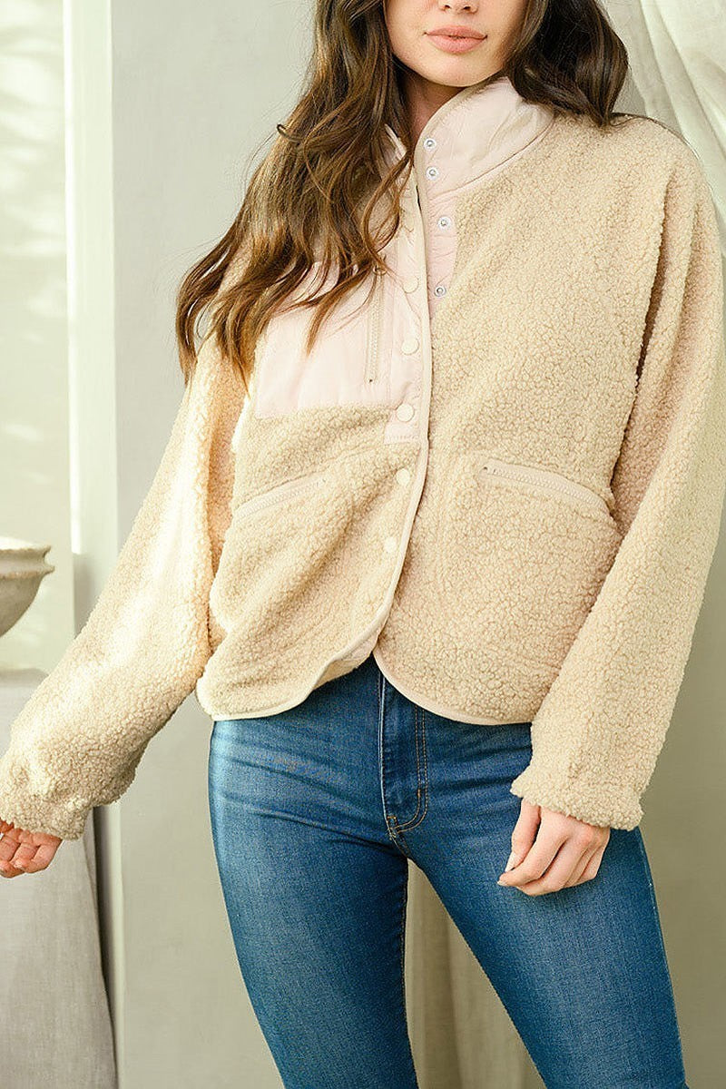 Long sleeve front pocket fuzzy button up jacket (EDWT6651)