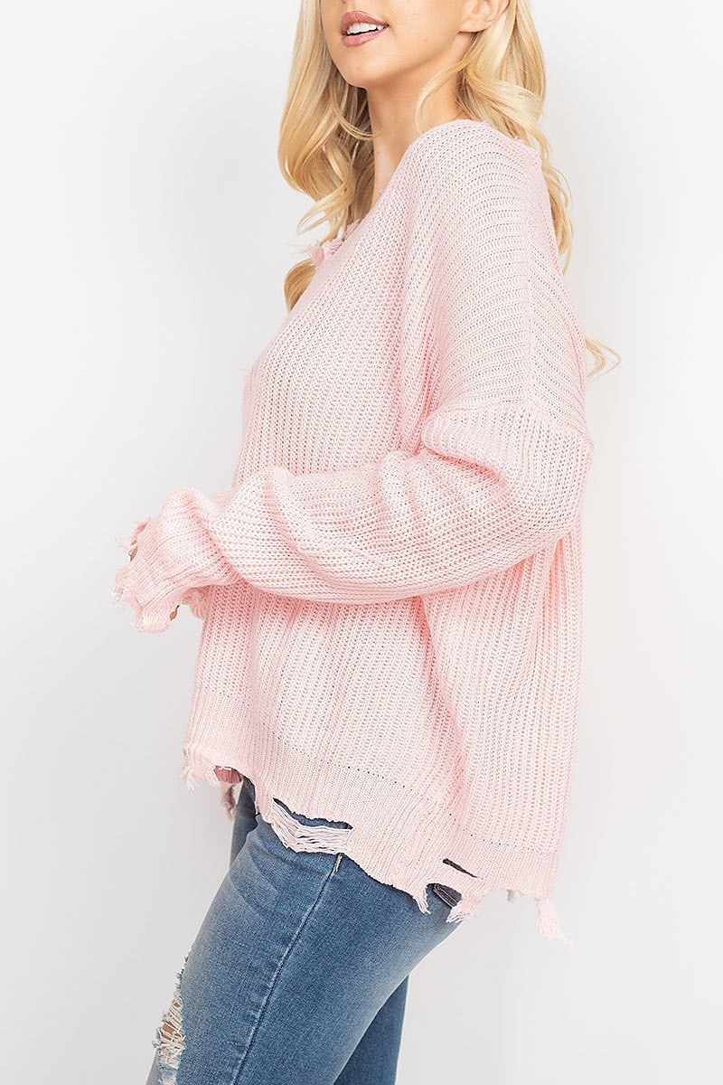 Distressed detail v neck ribbed knit sweater (DGS5290)