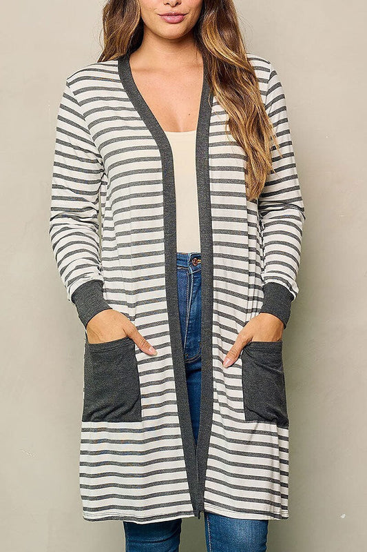 Long sleeve open front pockets stripes cardigan (EFWT4360)