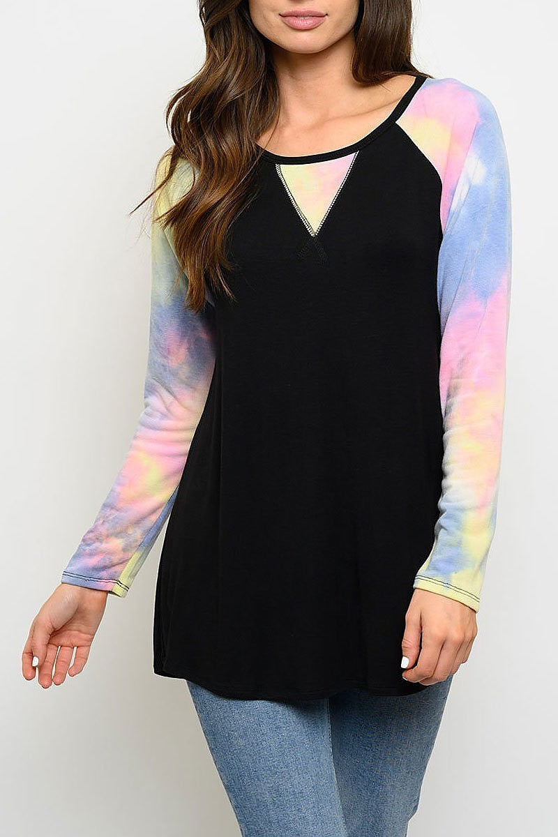 Tie dye long sleeve color block top (EDWT3051)