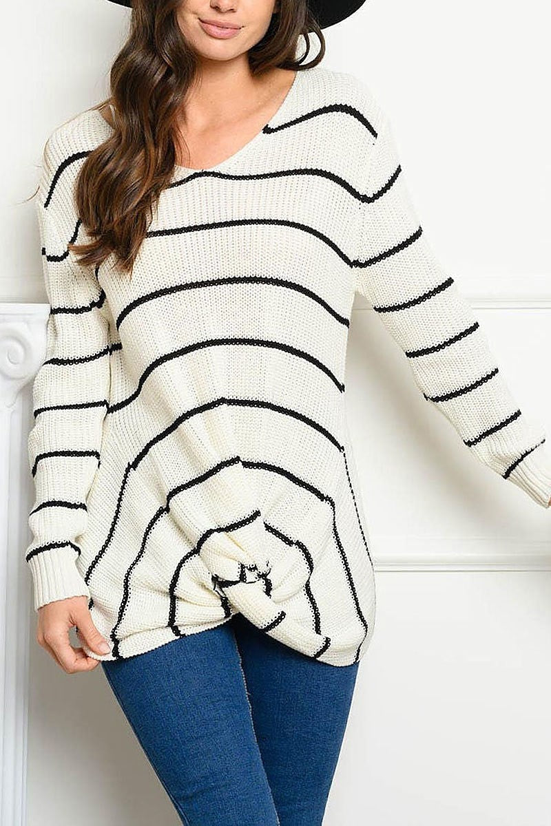 Long sleeve v neck striped sweater (EDWT4049)