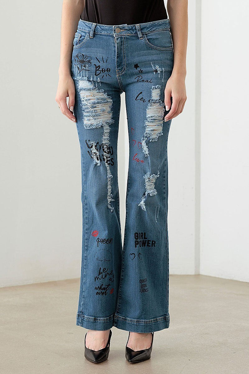 Mid waist slogan graphic print flare denim pants (TED2971)